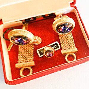 NEW In BOX VTG  MESH WRAP AROUND GOLD TONE CUFFLINKS TIE TACK  GENUINE CRYSTALS